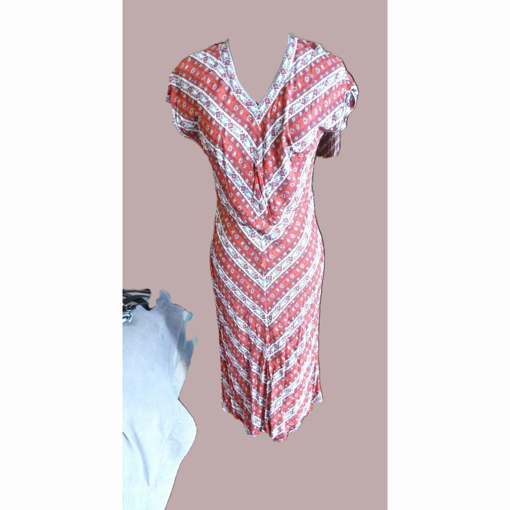 Bias Cut chevron stripe vintage hand made red floral flattering dress  S-M-L